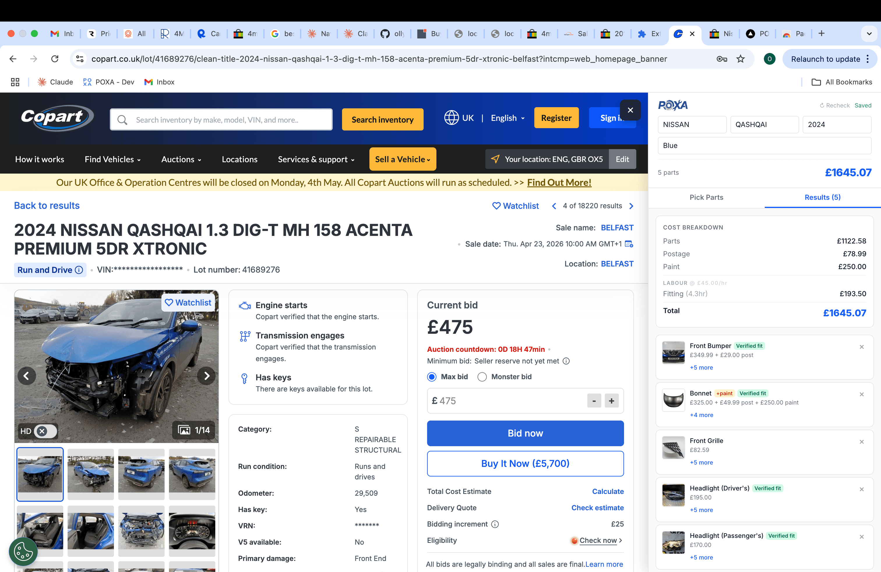 POXA Chrome extension showing repair cost breakdown on a Copart listing